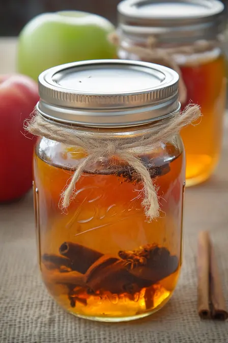 Mason jar of spiced apple pie moonshine infusion with cinnamon sticks, star anise, and cloves, ready for aging.