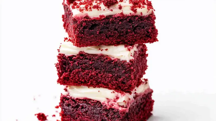 Stack of three red velvet brownie squares with creamy white frosting and red crumbs on top.