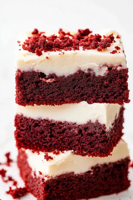 Stack of three red velvet brownie squares with creamy white frosting and red crumbs on top.