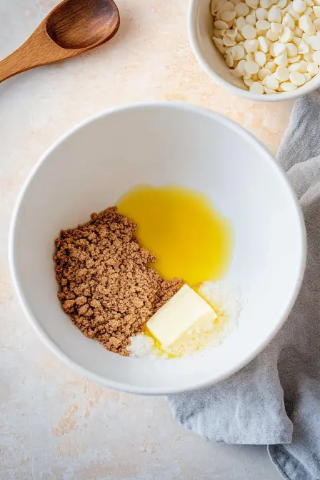 Brown sugar, white sugar, and melted butter in a white mixing bowl for red velvet brownie batter.