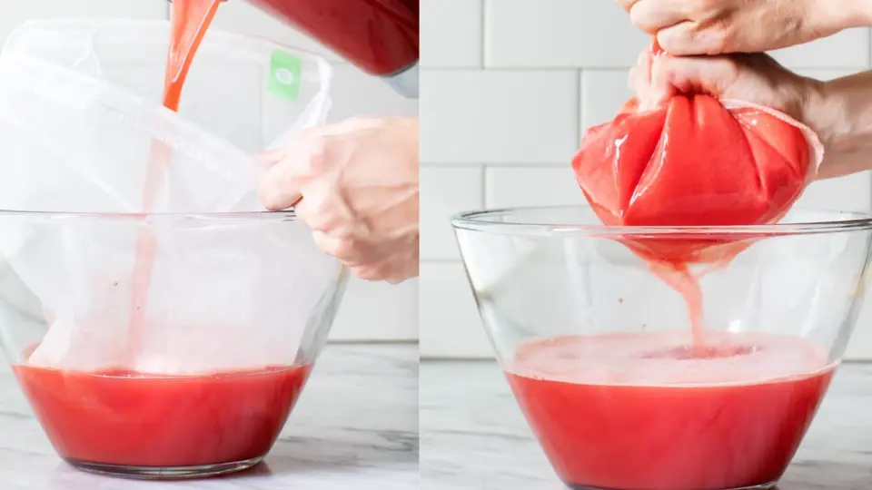 Step-by-step showing how to strain blended watermelon through a bag into a glass bowl.