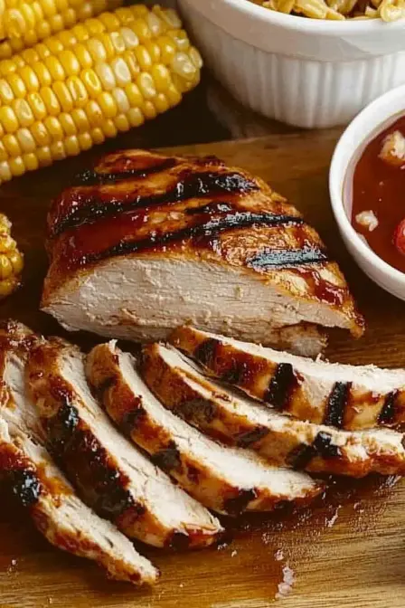 Juicy sliced BBQ chicken breast with corn and sauce, showcasing an easy and flavorful recipe.