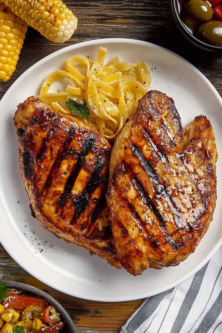 Two grilled chicken breasts with pasta and corn on a white plate. A delicious BBQ-inspired meal!