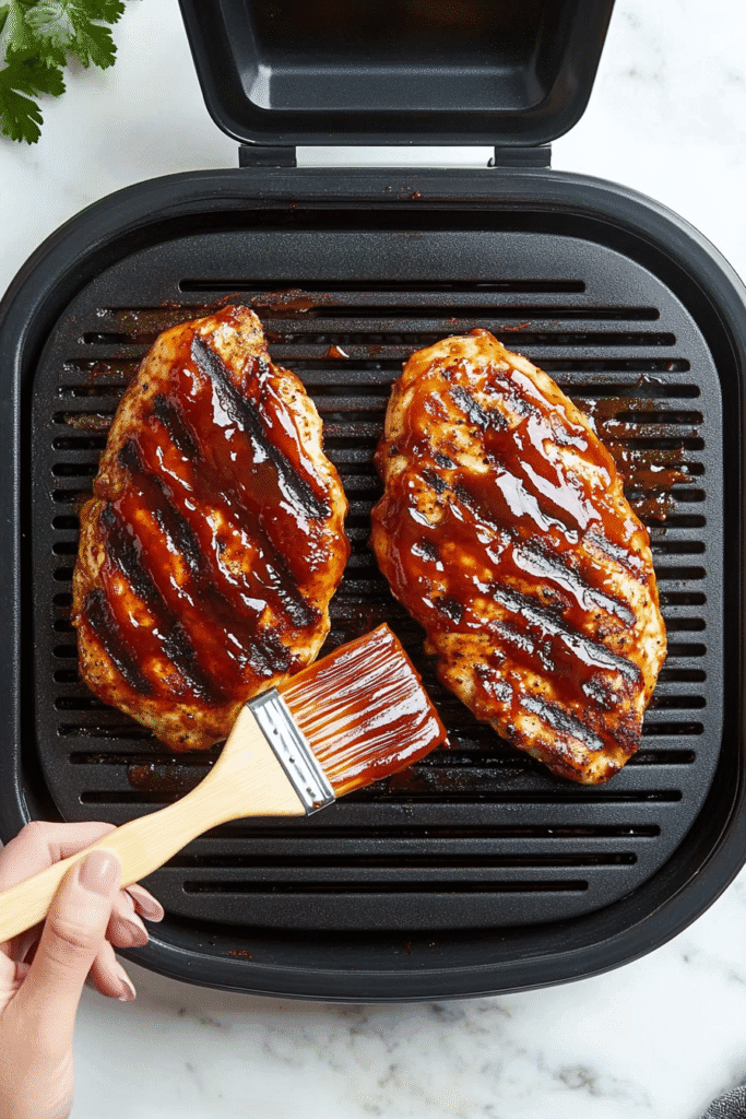 BBQ sauce being brushed onto chicken breasts on a grill, highlighting an easy weeknight recipe.