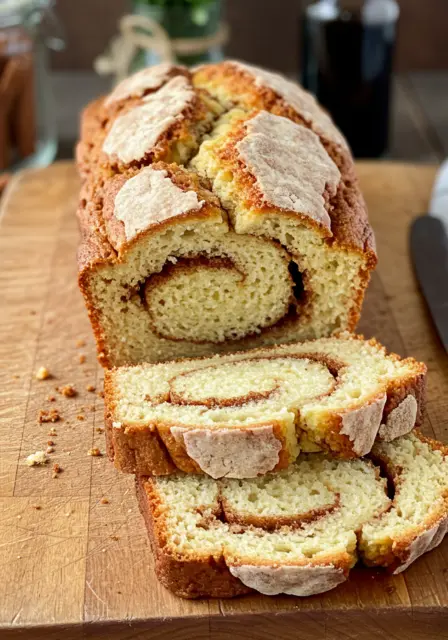 Sliced Amish cinnamon bread on a wooden board, showcasing the swirl. Cinnamon sticks and a bottle in the background.