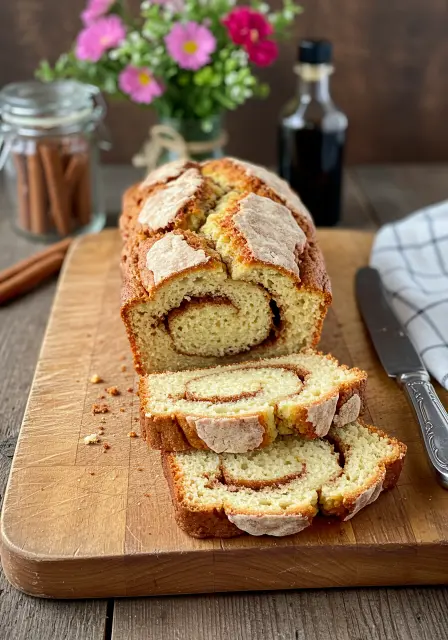 Sliced Amish cinnamon bread on a wooden board, showcasing the swirl. Cinnamon sticks and a bottle in the background.