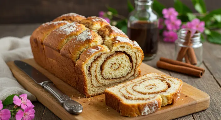 Swirls of cinnamon sugar baked into golden brown Amish bread, sliced to reveal the delicious spiral. A comforting treat.