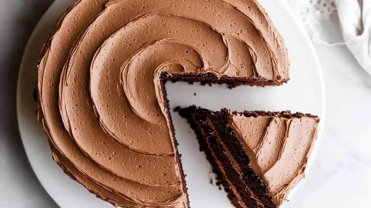 Chocolate cake on a white plate , photo taken from above
