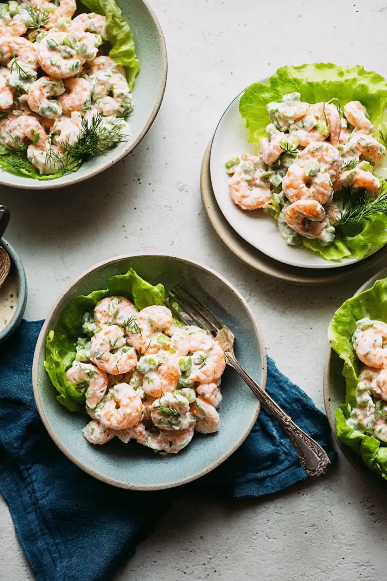 Shrimp ceviche with creamy dressing, lettuce wraps, fresh herbs, and crunchy vegetables for a refreshing summer meal
