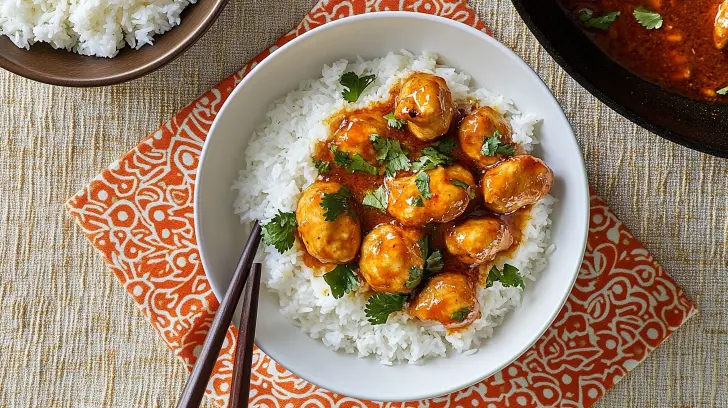 An overhead view of a white bowl filled with orange chicken and white rice, garnished with cilantro and chopsticks.