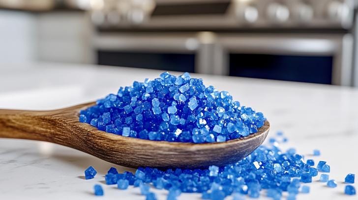 A wooden spoon overflowing with vibrant blue crystals, likely blue salt or sugar, on a bright kitchen counter.