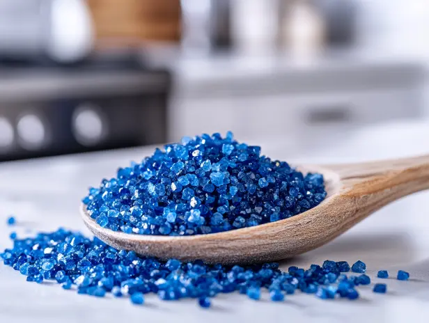 A wooden spoon brimming with brilliant blue granular crystals, scattered across a white marble surface.