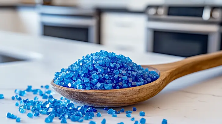 A wooden spoon filled with vibrant blue crystalline salt, with some scattered on a kitchen counter.