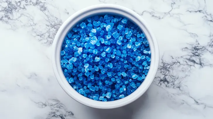 A white ceramic bowl brimming with bright Blue Salt for Men on a white marble surface.