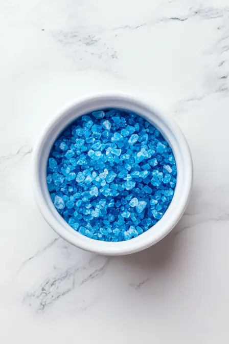 A white ceramic bowl filled with vibrant blue crystalline salt, set on a white marble surface.