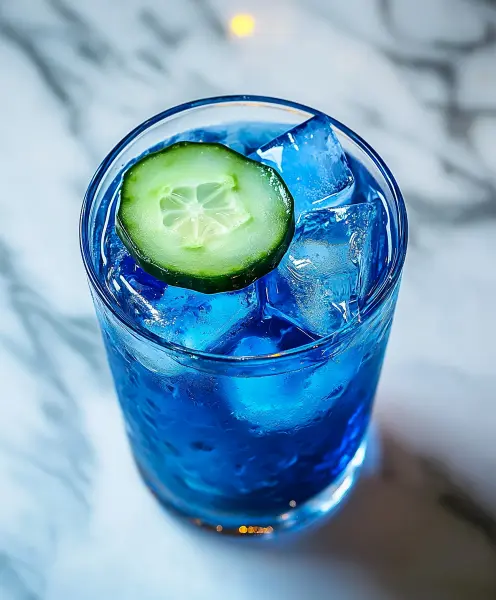 A vibrant blue cocktail with ice and a fresh cucumber slice on a marble surface.