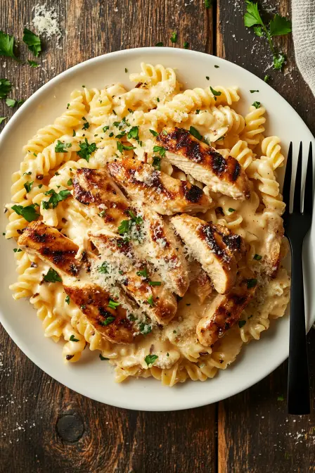 Top-down view of Buffalo Wild Wings garlic parmesan chicken pasta with grilled chicken on a white plate