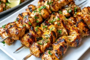 Grilled garlic parmesan chicken skewers on metal sticks, charred and juicy, topped with chopped parsley and lemon zest