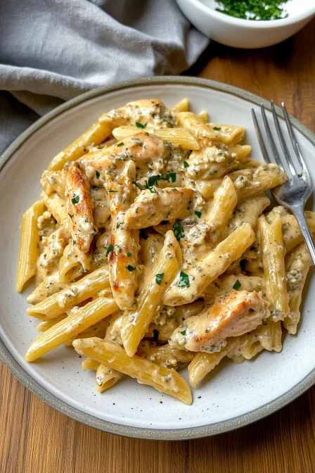 Garlic butter chicken bites with creamy parmesan penne pasta, garnished with herbs and served on a rustic white plate