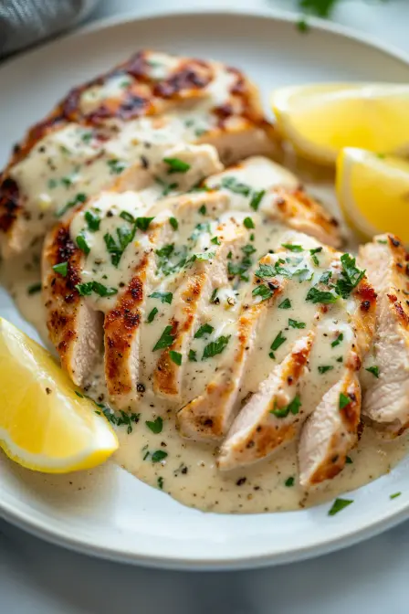 Sliced, succulent chicken breast drizzled with creamy parmesan sauce and fresh parsley, -Garlic Parmesan Chickengarnished with lemon wedges.