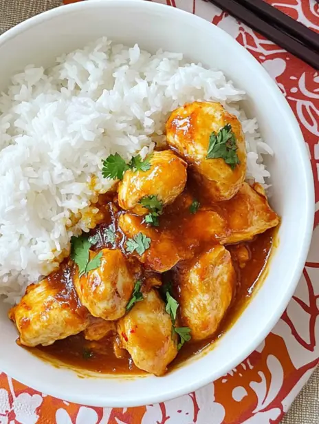 A vibrant bowl of homemade orange chicken served with fluffy white rice, garnished with fresh cilantro.