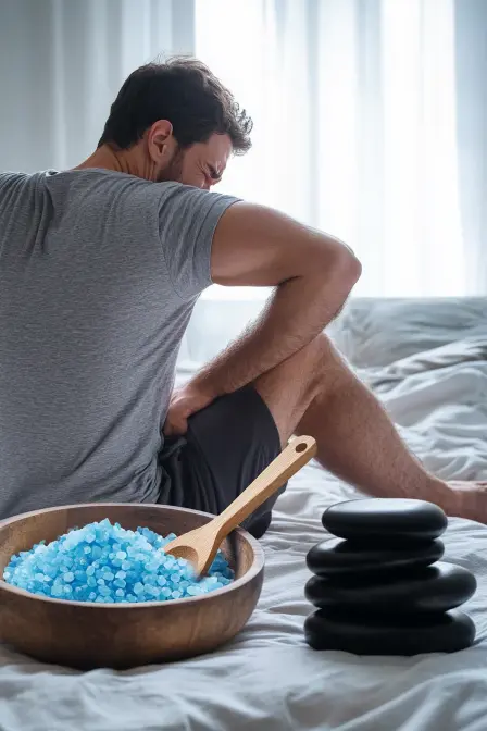 A man clutches his lower back in discomfort while sitting on a bed, with a bowl of blue bath salts and a stack of hot stones in the foreground.