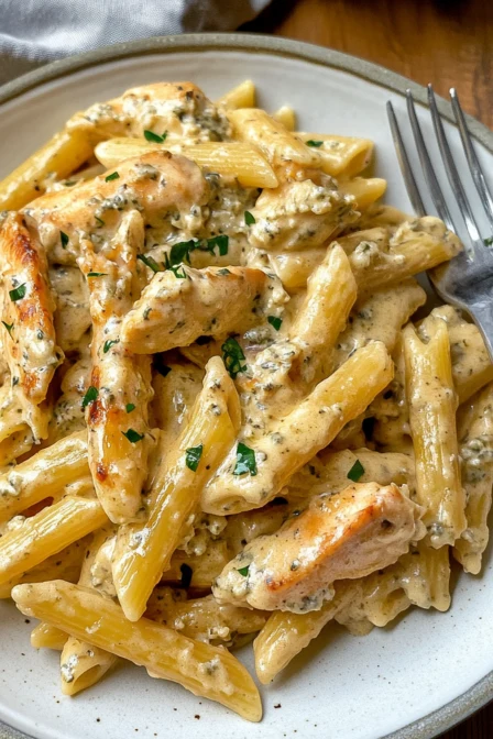 Garlic butter chicken bites with creamy parmesan pasta served with golden penne and sprinkled with herbs for extra flavor