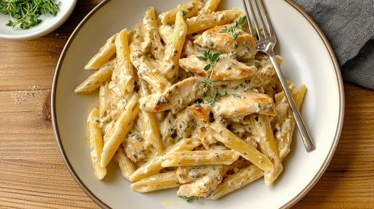 Creamy garlic butter chicken bites served over penne pasta with parmesan sauce, topped with herbs and plated beautifully