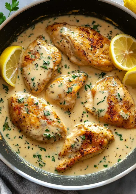 Golden-brown chicken breasts simmering in a rich, creamy garlic parmesan sauce with fresh parsley and lemon.
