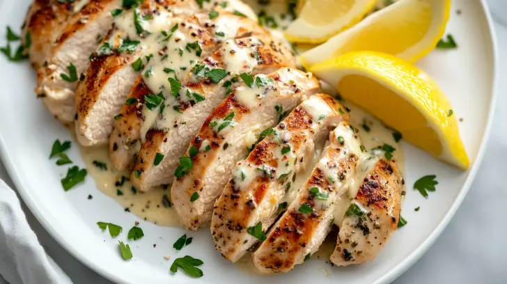 garlic parmesan chicken on a white plate
