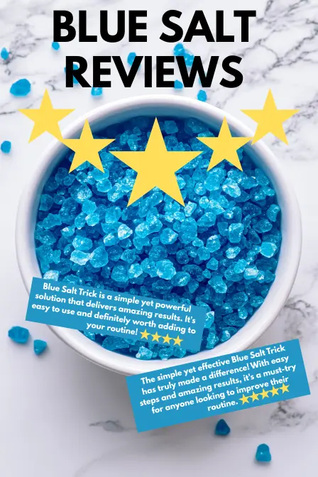  Bowl of blue salt crystals with "BLUE SALT REVIEWS" text and five stars, highlighting "Blue salt trick for men reviews."