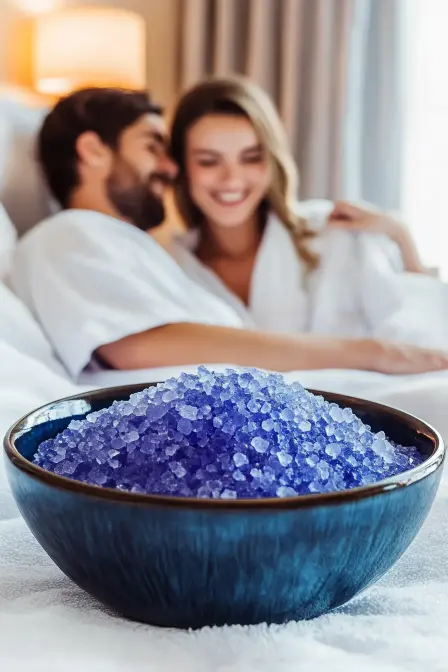 A bowl of vibrant purple bath salts in focus, with a smiling couple in white bathrobes relaxing in the background.