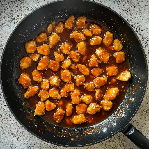 Crispy orange chicken pieces simmering in a glossy, rich sauce in a non-stick black skillet.