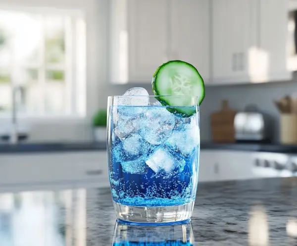 A glass of sparkling blue liquid with ice and a cucumber slice, on a modern kitchen counter.