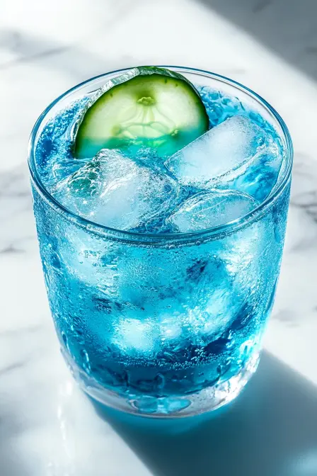 A refreshing blue cocktail with ice cubes and a green cucumber slice, glistening on a marble surface.