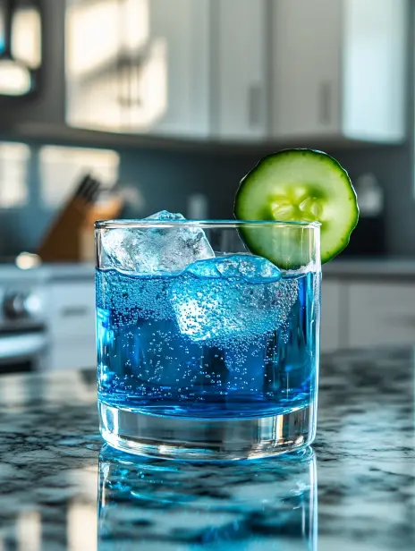 A vibrant blue cocktail with ice and a fresh cucumber slice garnish sits on a modern kitchen counter.