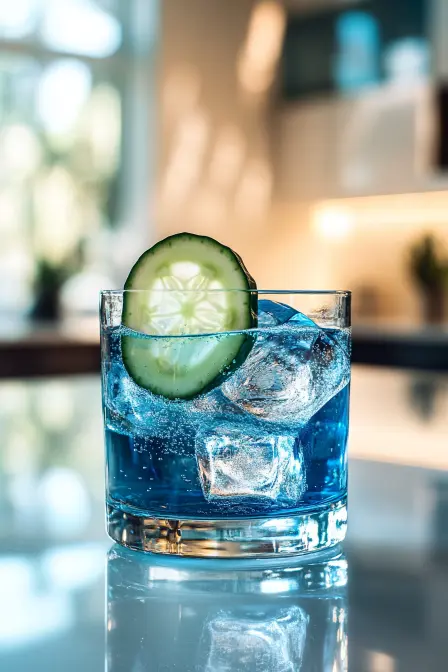  Refreshing blue cocktail with ice and a cucumber slice, a perfect representation of the "Blue salt trick for men reviews" lifestyle.