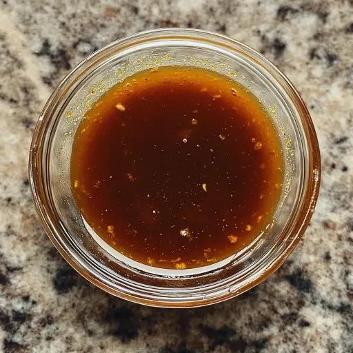 A close-up of a small glass bowl filled with a rich, amber-colored homemade orange chicken sauce.