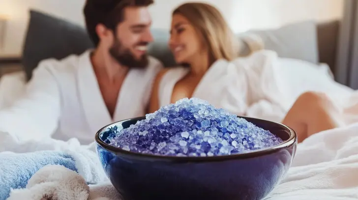 A bowl of vibrant purple bath salts in focus, suggesting the "Salt Trick for Men in Bed Recipe," with a happy couple in white bathrobes smiling in the soft-focused background.