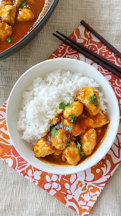 A vibrant bowl of homemade orange chicken served with fluffy white rice, garnished with fresh cilantro, alongside chopsticks.