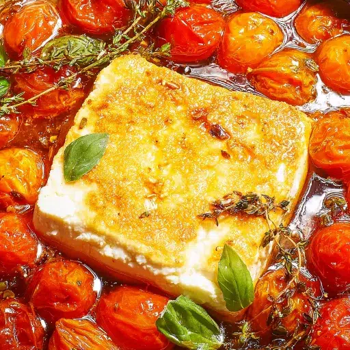 Golden baked feta surrounded by juicy cherry tomatoes, fresh basil, and herbs—perfect for making baked feta pasta.