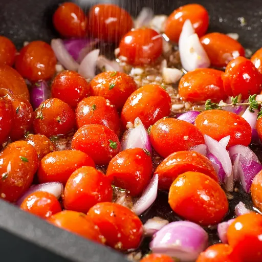 Fresh cherry tomatoes and chopped red onions glistening with olive oil and herbs in a pan for baked feta pasta.