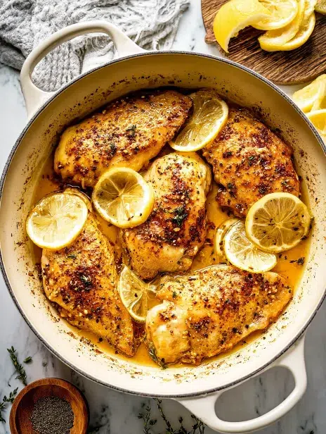 Golden baked lemon pepper chicken breasts in a creamy sauce, garnished with lemon slices in a white Dutch oven.