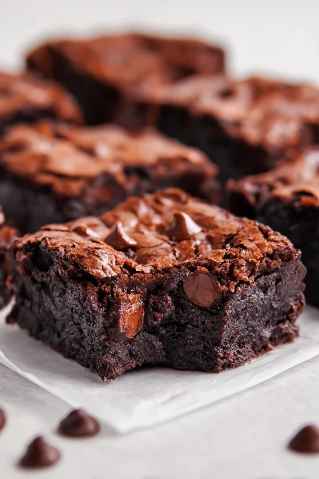 Rich, fudgy brownies with a crackly top and gooey chocolate chips, perfectly sliced and ready to enjoy