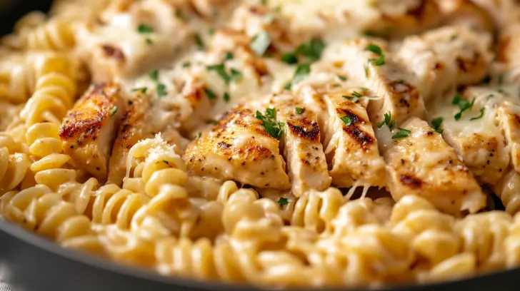 Close-up of Buffalo Wild Wings garlic parmesan chicken pasta with grilled chicken and creamy sauce in a skillet