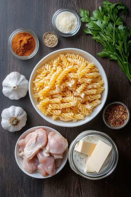 Flat lay of ingredients for Buffalo Wild Wings garlic parmesan chicken pasta including pasta, chicken, garlic, parsley, butter, and spices