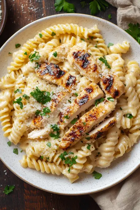 Buffalo Wild Wings garlic parmesan chicken pasta served on a white speckled plate with grilled chicken and parsley garnish