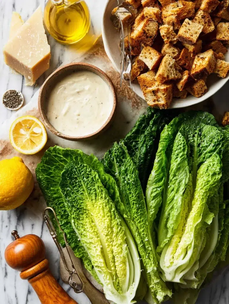 Fresh Caesar salad ingredients including romaine lettuce, croutons, Parmesan, lemon, dressing, and olive oil on marble.