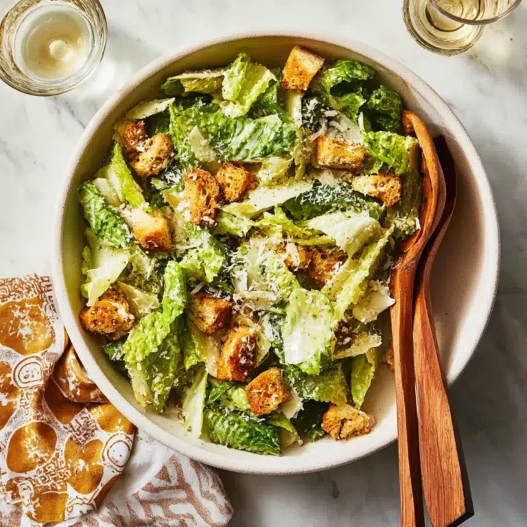 Classic Caesar salad with crunchy croutons, romaine lettuce, and shaved Parmesan served in a ceramic bowl.