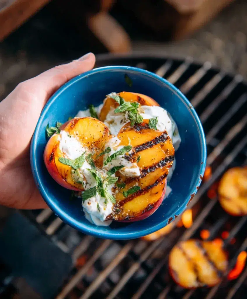Grilled peach halves with char marks served in a blue bowl with honey yogurt and mint, held above a flaming grill.